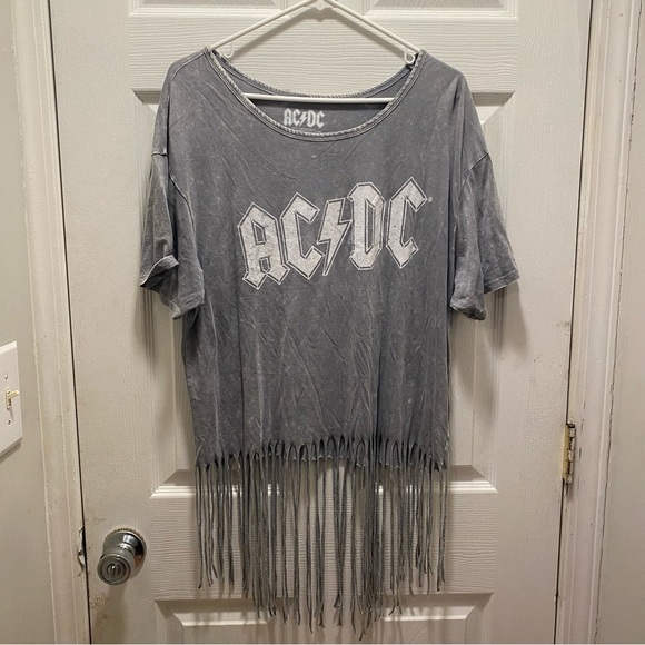 Tops - ACDC womens gray acid wash short sleeve fringe graphic band tee shirt